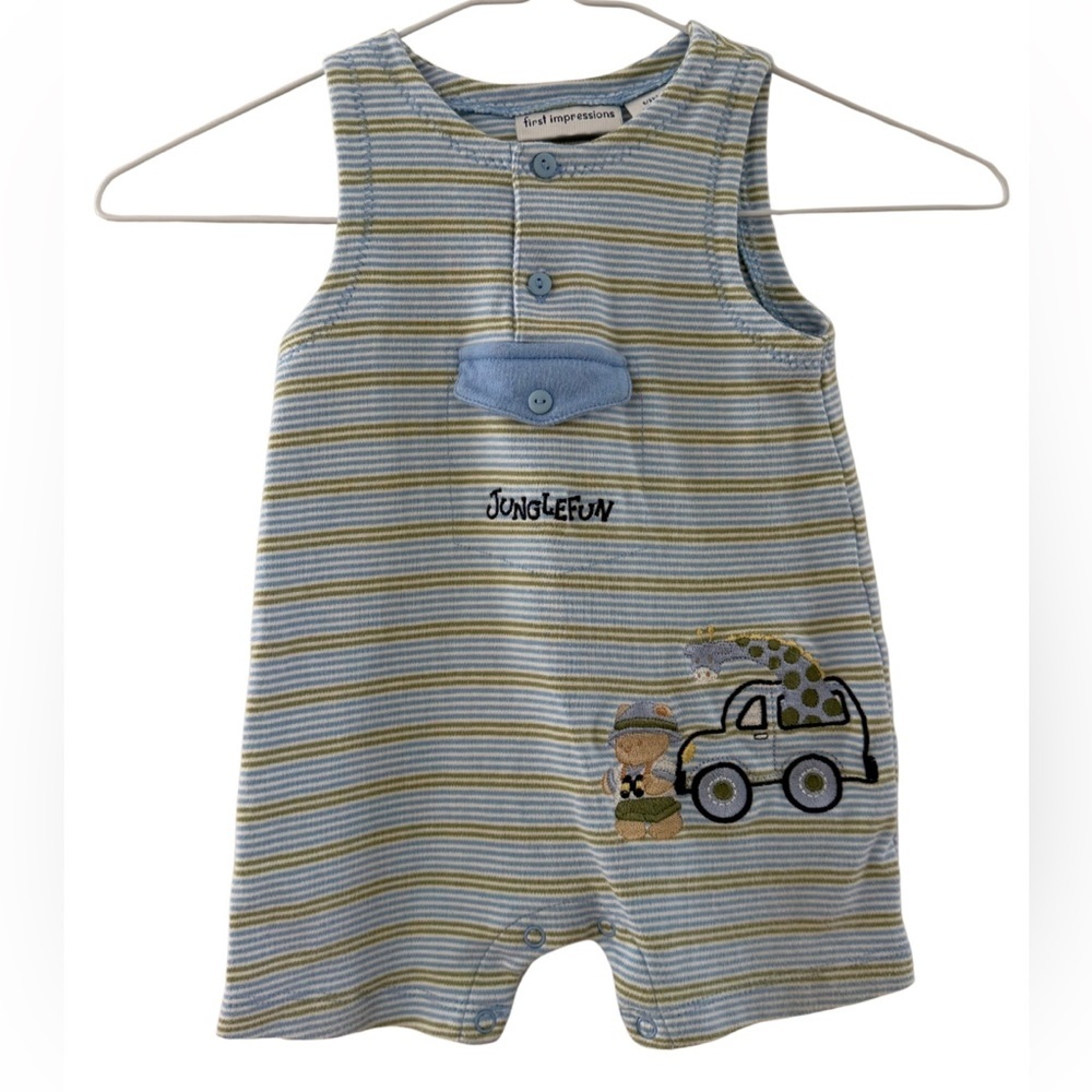 First Impressions Blue Striped Jungle Fun Teddy Bear Romper 6/9 Months